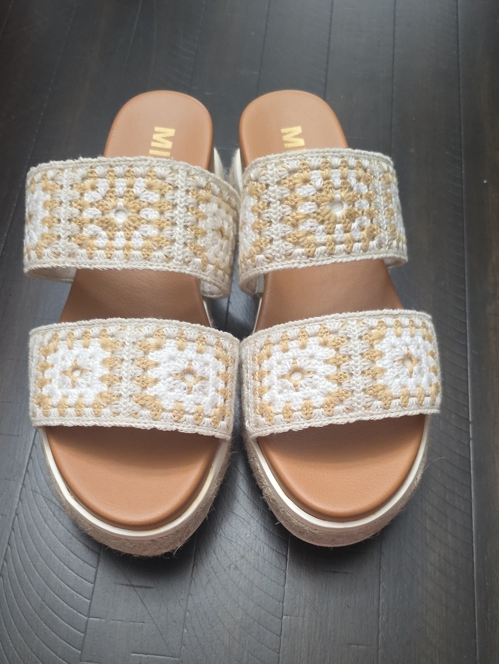 MIA White and Tan Crochet Double-Strap Slide Mules